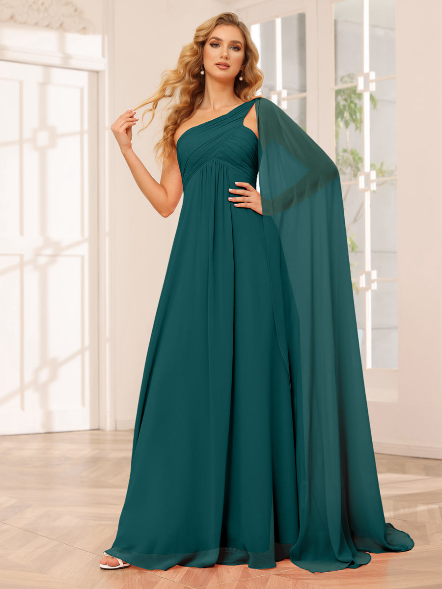 A-Line/Princess One-Shoulder Long Bridesmaid Dresses with Ruched