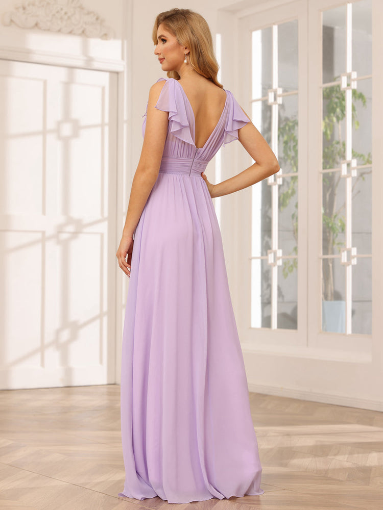 A Line Princess V Neck Long Bridesmaid Dresses with Ruffles