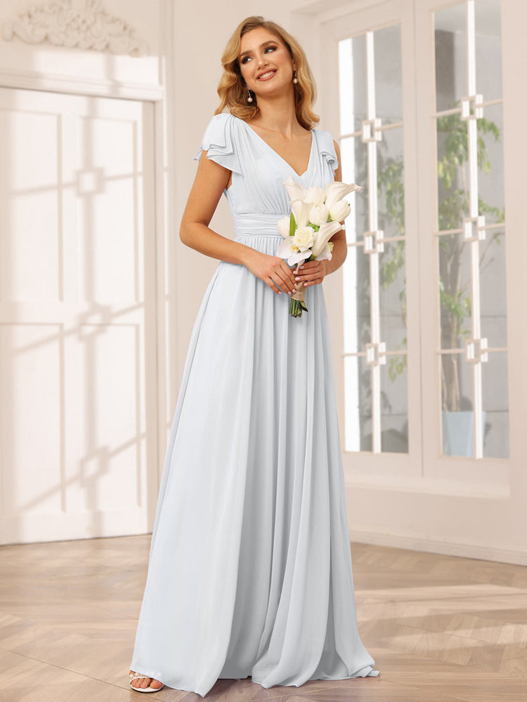 A Line Princess V Neck Long Bridesmaid Dresses with Ruffles