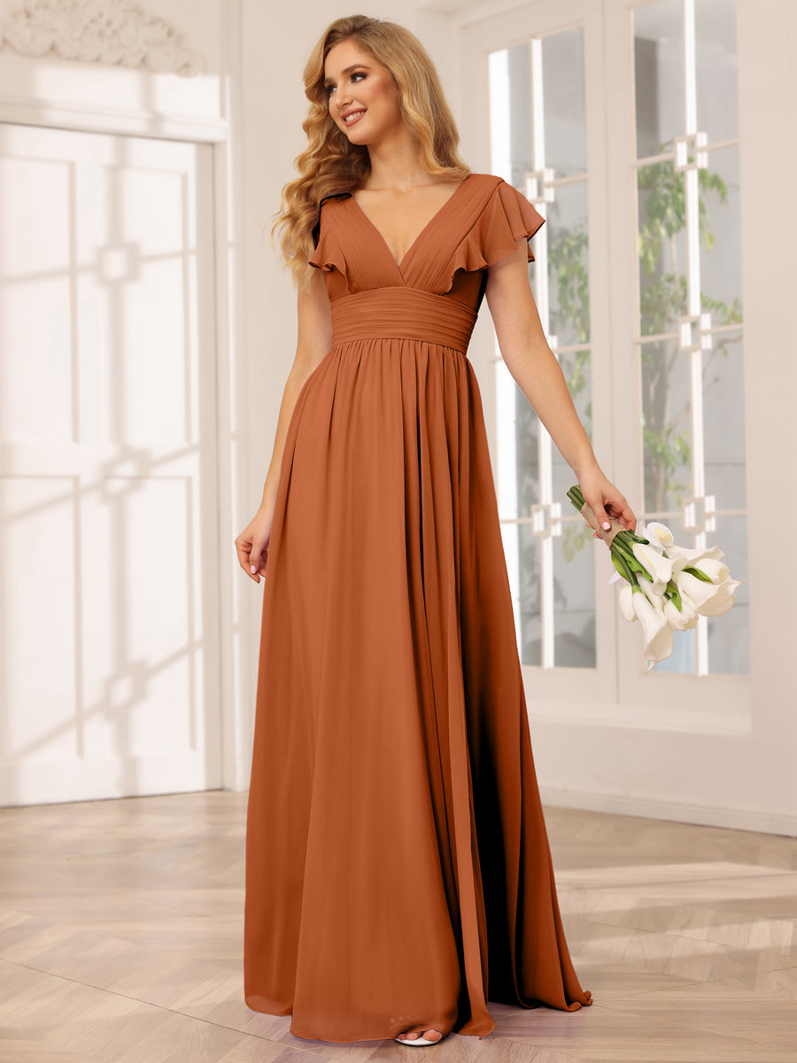 A-Line/Princess V-Neck Long Bridesmaid Dresses with Split Side