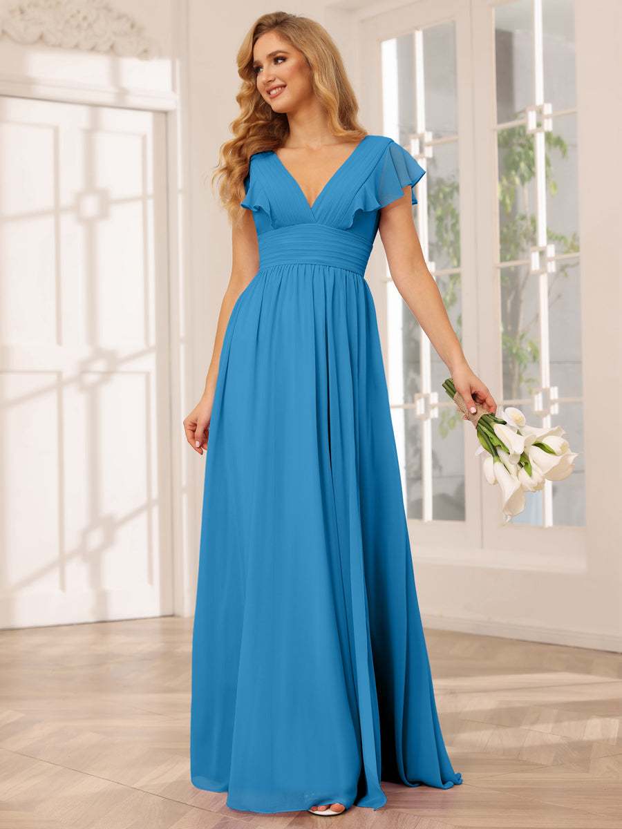 A-Line/Princess V-Neck Long Bridesmaid Dresses with Split Side