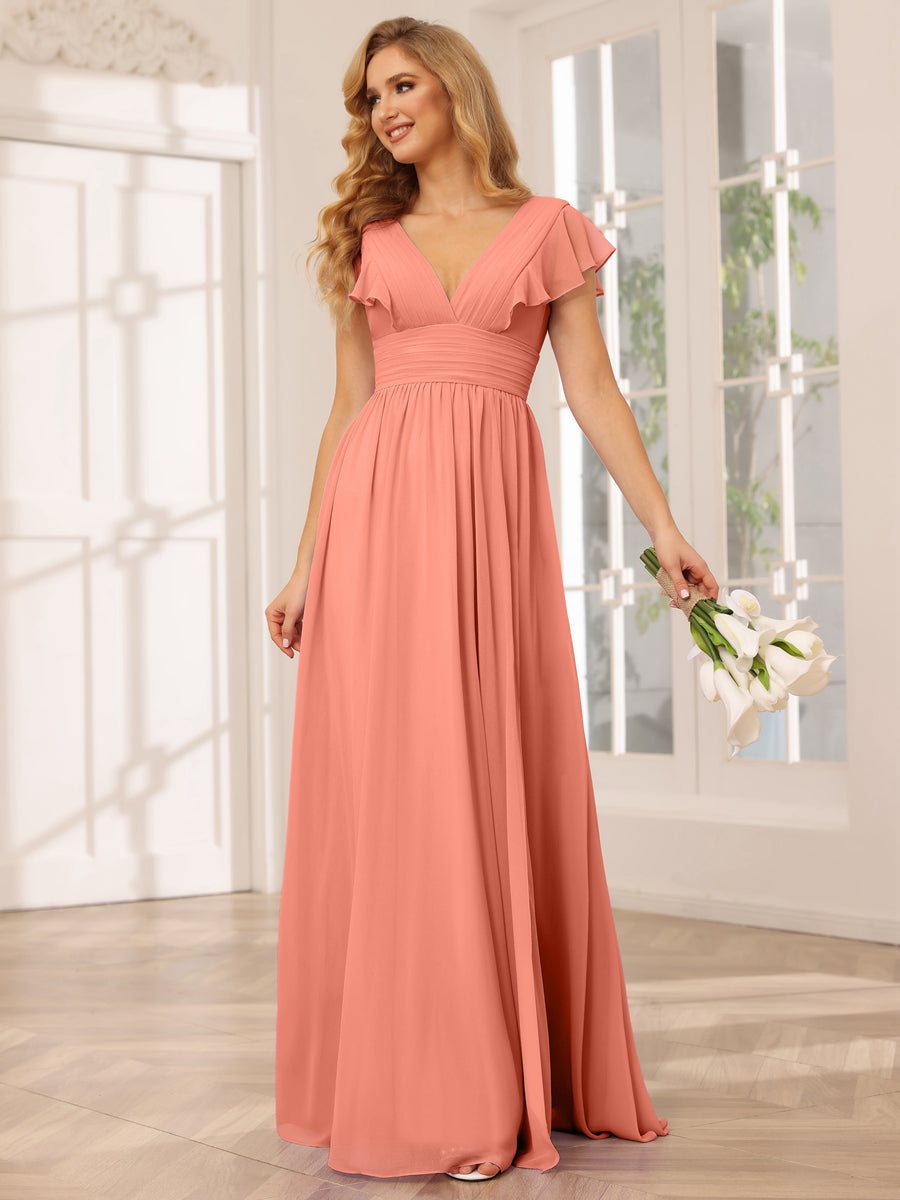 A-Line/Princess V-Neck Long Bridesmaid Dresses with Split Side