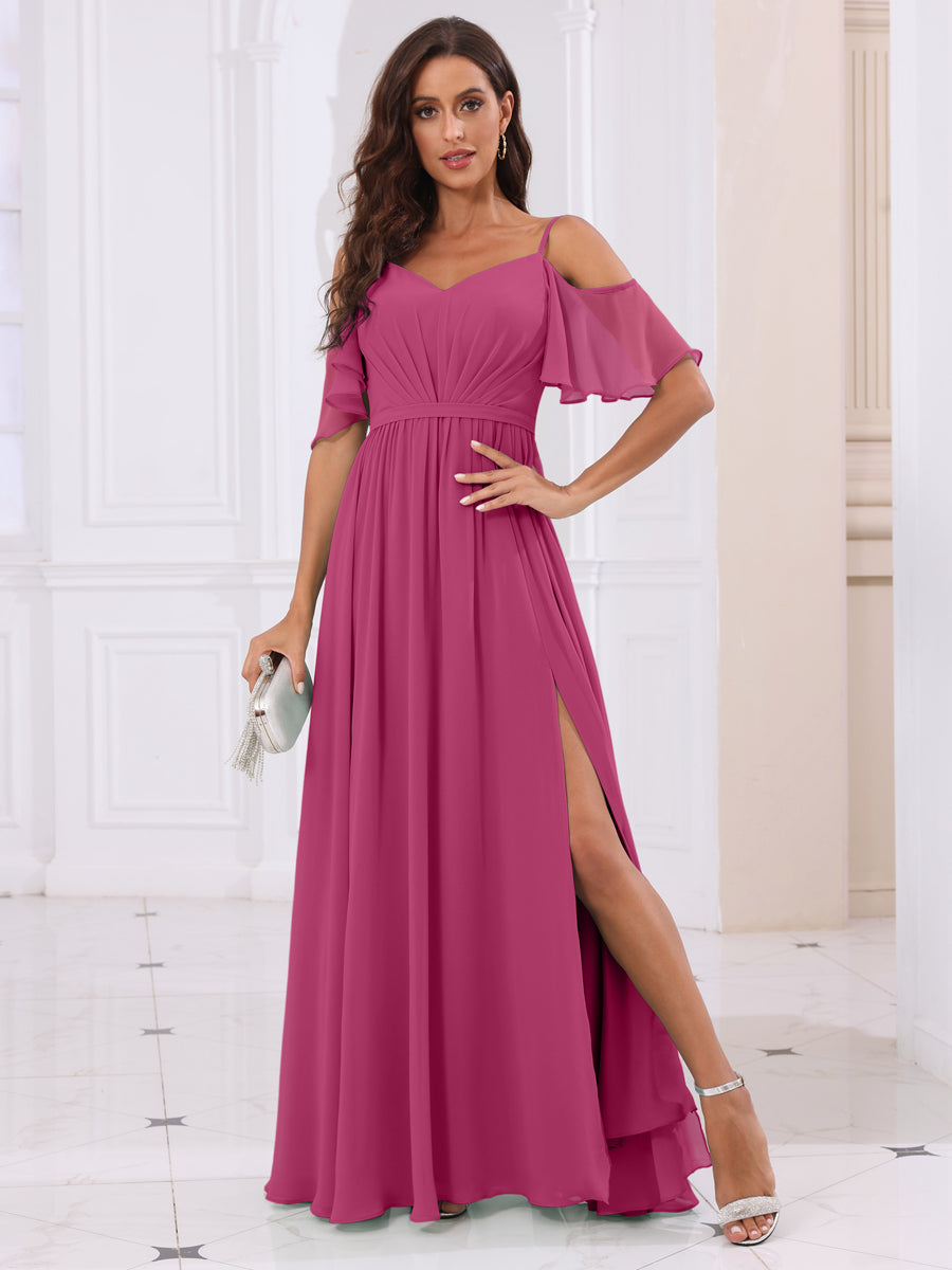 A-Line/Princess Spaghetti Straps Long Bridesmaid Dresses with Split Side