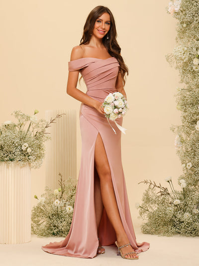 Sheath/Column Off-the-Shoulder Long Formal Dresses with Split Side & Ruched