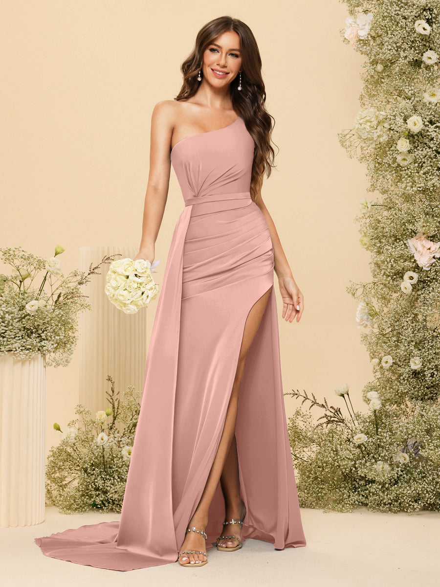 Sheath/Column One-Shoulder Long Formal Dresses with Split Side & Ruched