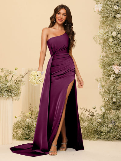 Sheath/Column One-Shoulder Long Formal Dresses with Split Side & Ruched