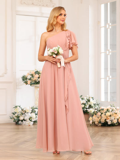 A-Line/Princess One-Shoulder Long Wedding Party Dresses with Split Side