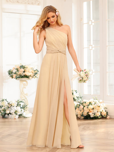 A-Line/Princess One-Shoulder Long Wedding Party Dresses with Split Side