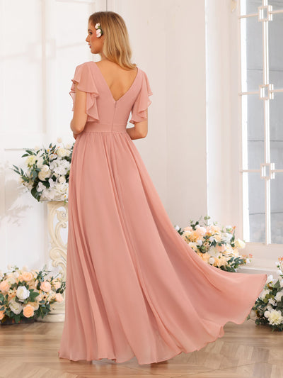 A-Line/Princess V-Neck Long Wedding Party Dresses with Split Side & Pockets