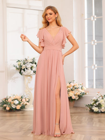 A-Line/Princess V-Neck Long Wedding Party Dresses with Split Side & Pockets