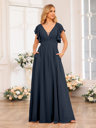 A-Line/Princess V-Neck Long Wedding Party Dresses with Split Side & Pockets