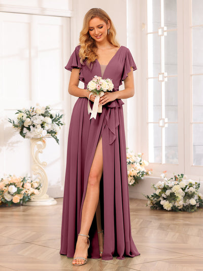 A-Line/Princess V-Neck Long Wedding Party Dresses with Split Side & Sash