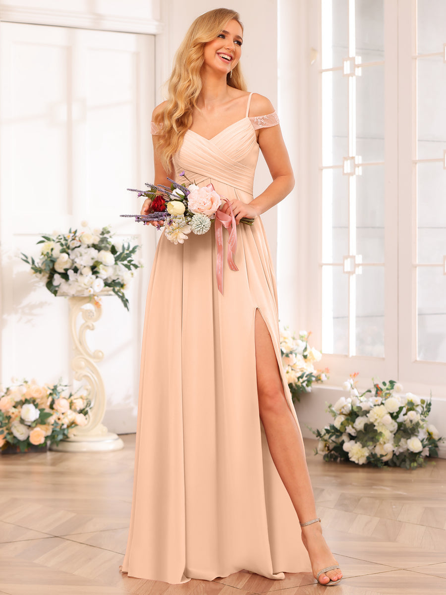 A-Line/Princess Spaghetti Straps Long Wedding Party Dresses with Split Side & Pockets