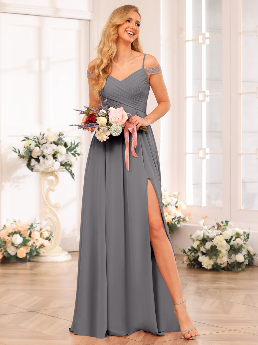 A-Line/Princess Spaghetti Straps Long Wedding Party Dresses with Split Side & Pockets