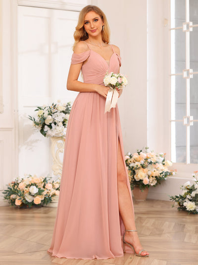 A-Line/Princess Spaghetti Straps Long Wedding Party Dresses with Split Side & Pockets