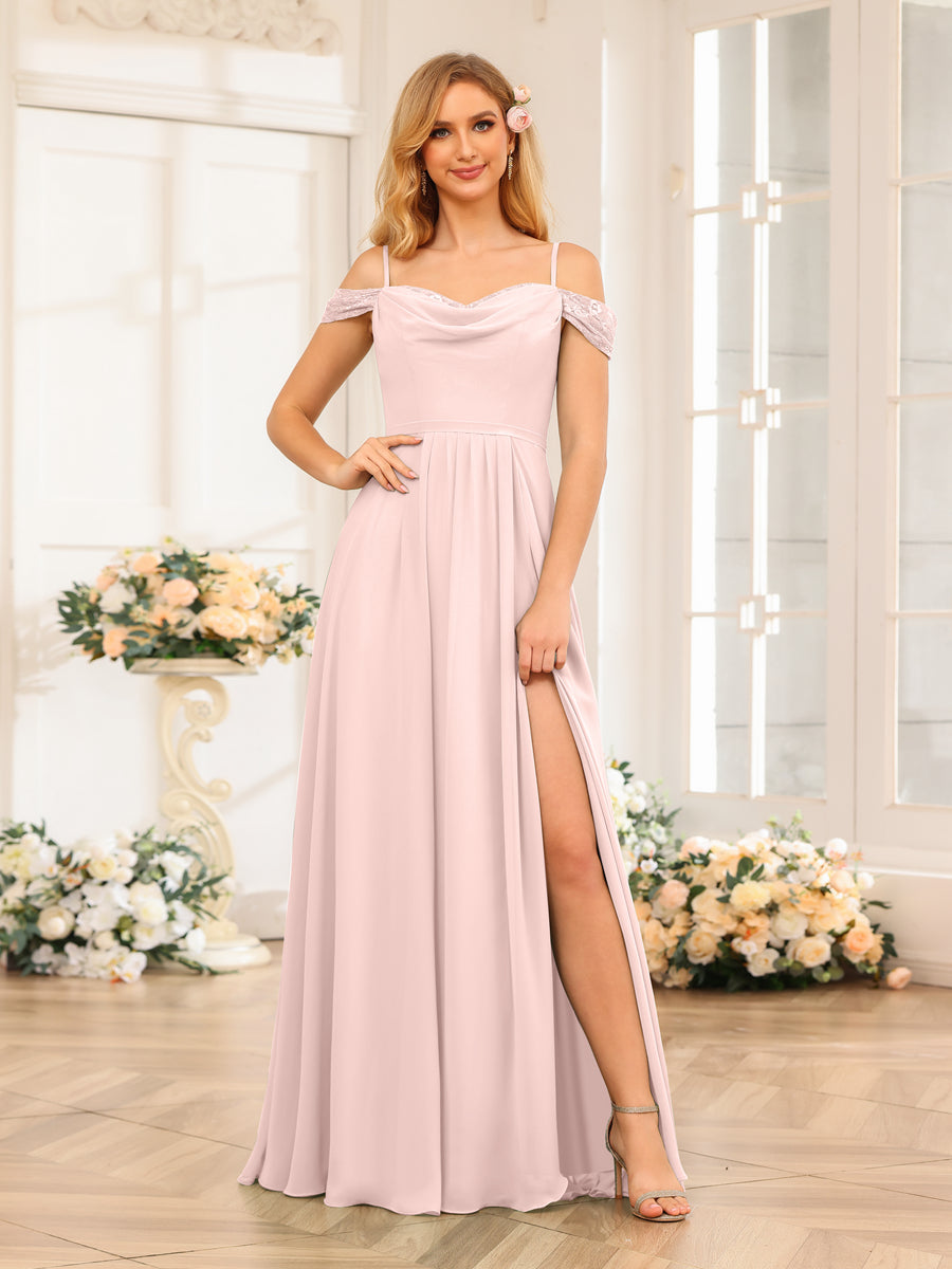 A-Line/Princess Spaghetti Straps Long Wedding Party Dresses with Split Side