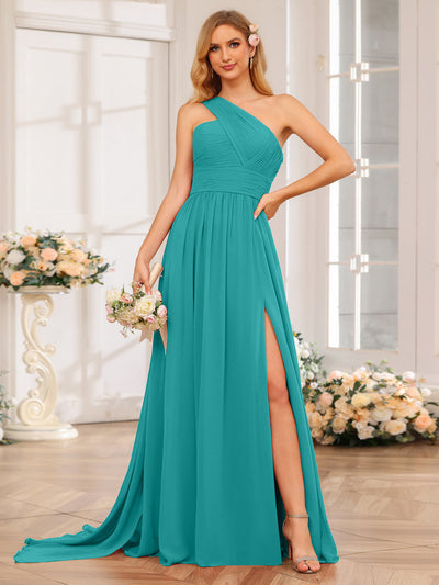 A-Line/Princess One-Shoulder Long Wedding Party Dresses with Watteau Train