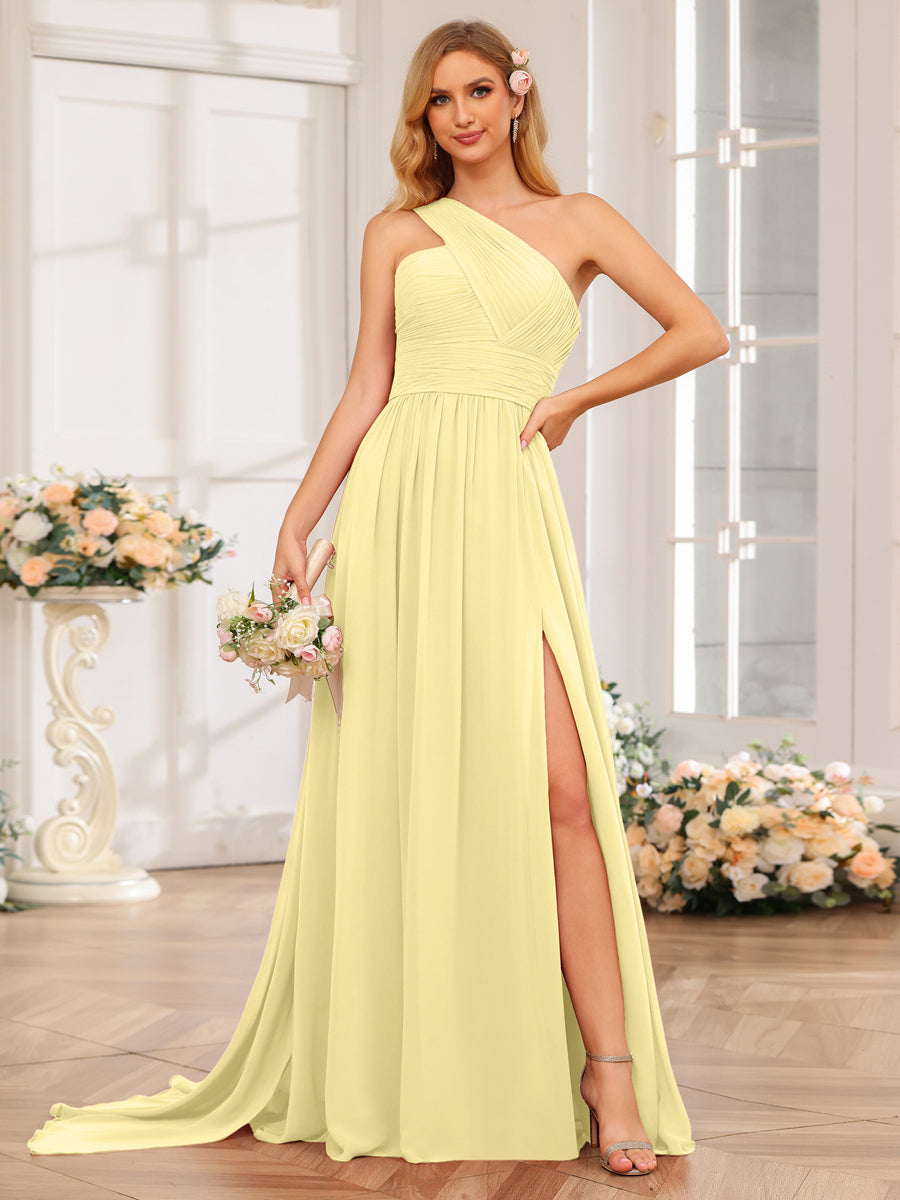 A-Line/Princess One-Shoulder Long Wedding Party Dresses with Watteau Train