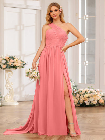 A-Line/Princess One-Shoulder Long Wedding Party Dresses with Watteau Train