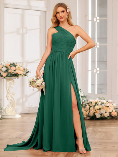 A-Line/Princess One-Shoulder Long Wedding Party Dresses with Watteau Train