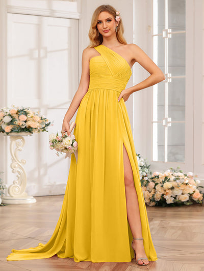 A-Line/Princess One-Shoulder Long Wedding Party Dresses with Watteau Train