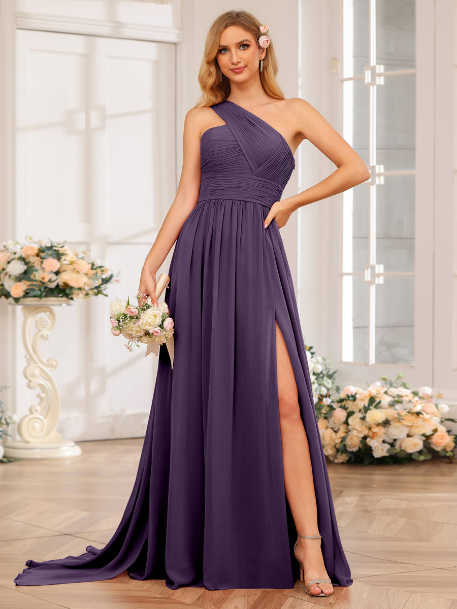 A-Line/Princess One-Shoulder Long Wedding Party Dresses with Watteau Train