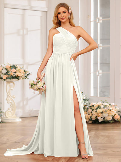 A-Line/Princess One-Shoulder Long Wedding Party Dresses with Watteau Train