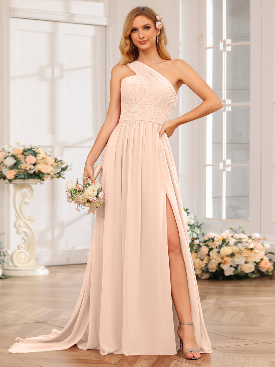 A-Line/Princess One-Shoulder Long Wedding Party Dresses with Watteau Train