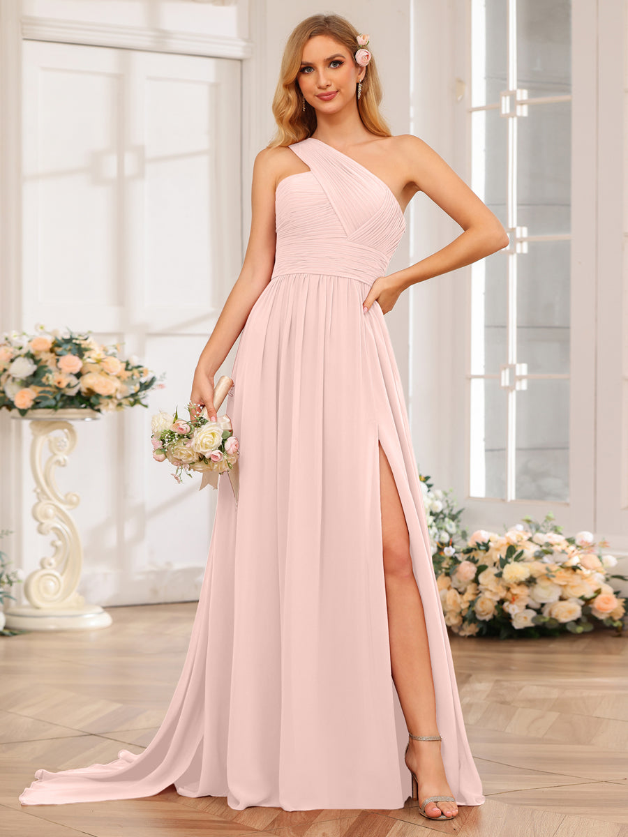 A-Line/Princess One-Shoulder Long Wedding Party Dresses with Watteau Train