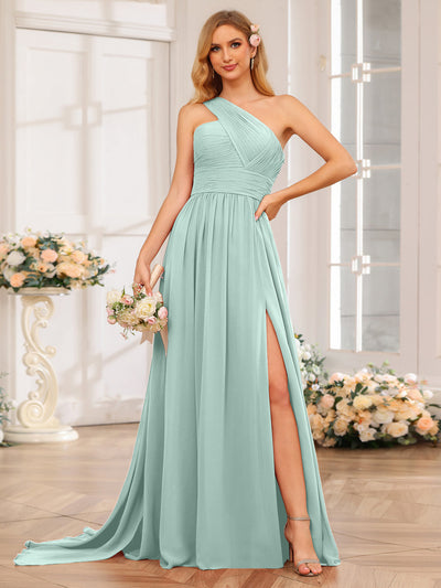 A-Line/Princess One-Shoulder Long Wedding Party Dresses with Watteau Train