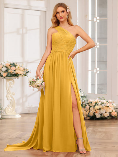 A-Line/Princess One-Shoulder Long Wedding Party Dresses with Watteau Train