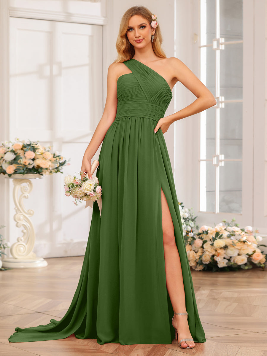 A-Line/Princess One-Shoulder Long Wedding Party Dresses with Watteau Train