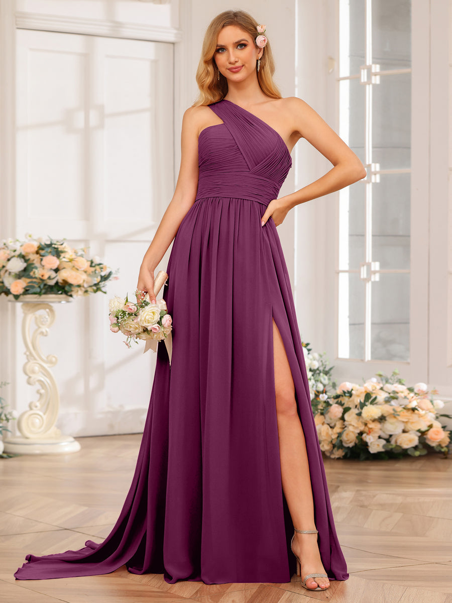 A-Line/Princess One-Shoulder Long Wedding Party Dresses with Watteau Train