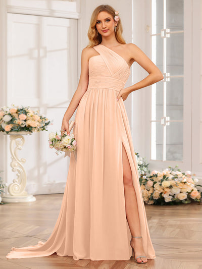 A-Line/Princess One-Shoulder Long Wedding Party Dresses with Watteau Train