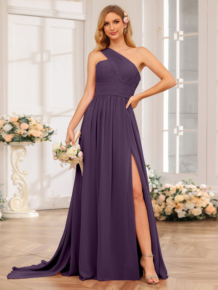 A-Line/Princess One-Shoulder Long Wedding Party Dresses with Watteau Train