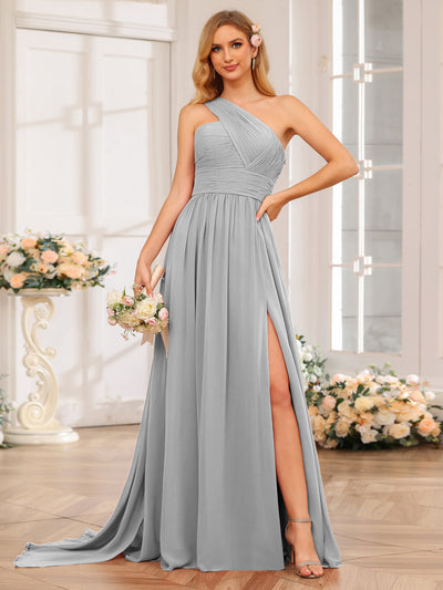 A-Line/Princess One-Shoulder Long Wedding Party Dresses with Watteau Train