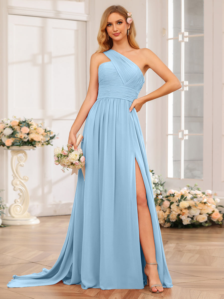 A-Line/Princess One-Shoulder Long Wedding Party Dresses with Watteau Train