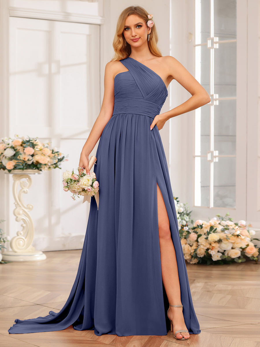 A-Line/Princess One-Shoulder Long Wedding Party Dresses with Watteau Train