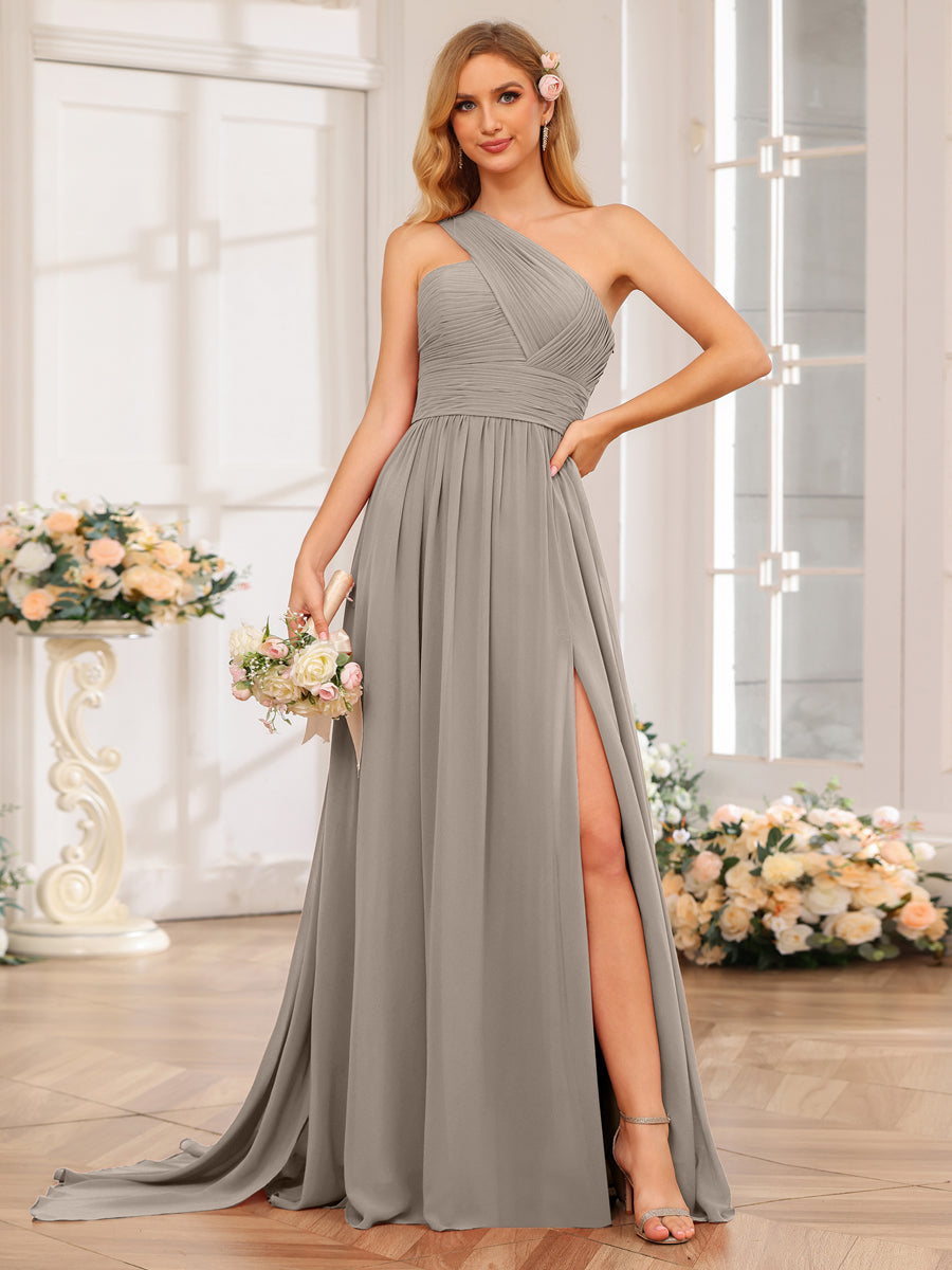 A-Line/Princess One-Shoulder Long Wedding Party Dresses with Watteau Train