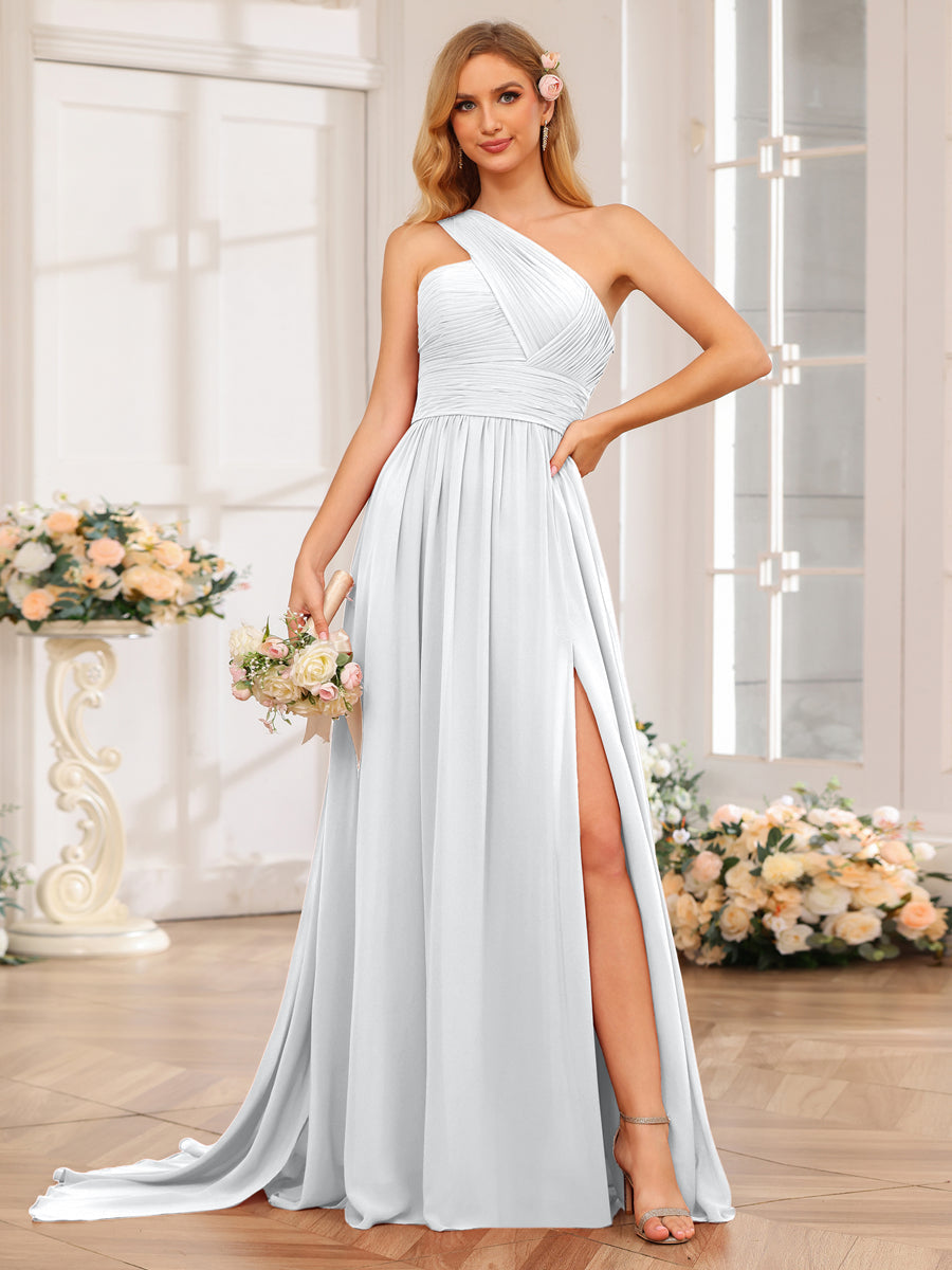 A-Line/Princess One-Shoulder Long Wedding Party Dresses with Watteau Train