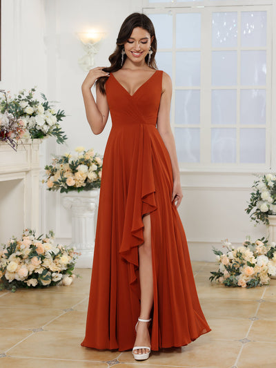 A-Line/Princess V-Neck Long Wedding Party Dresses with Split Side