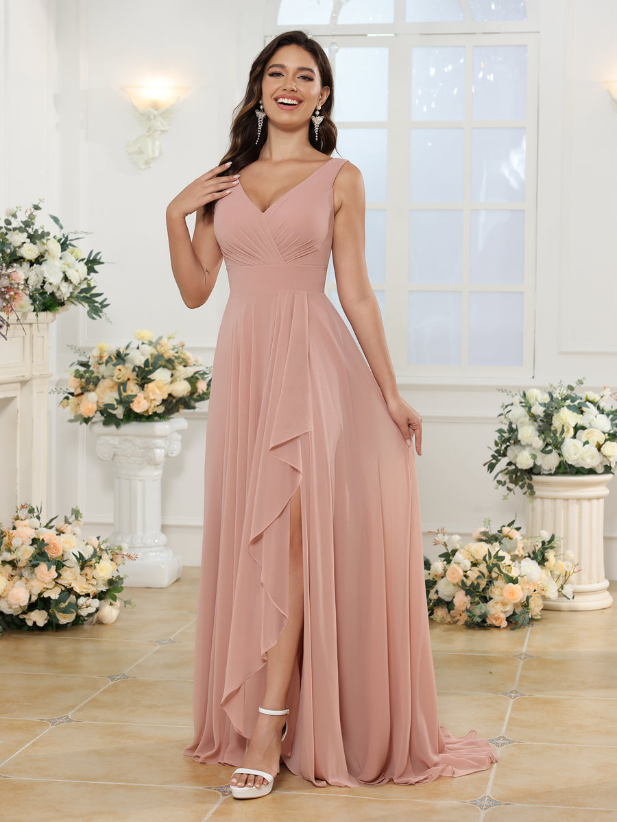 A-Line/Princess V-Neck Long Wedding Party Dresses with Split Side & Pockets