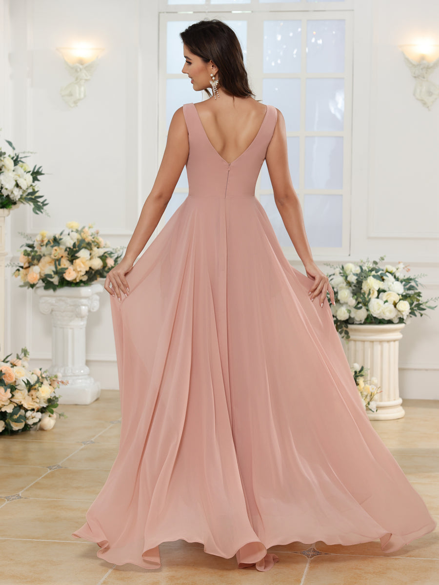 A-Line/Princess V-Neck Long Wedding Party Dresses with Split Side & Pockets