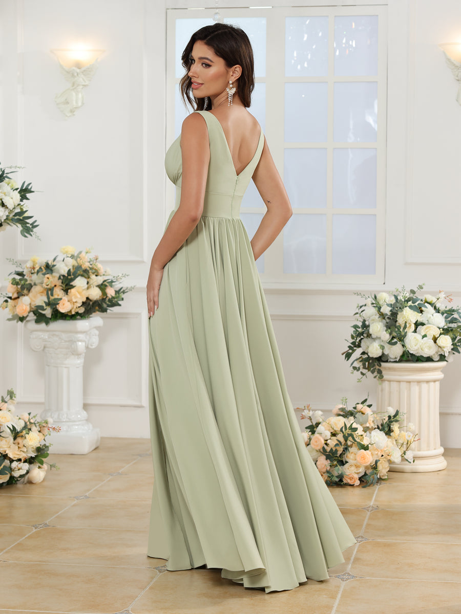 A-Line/Princess V-Neck Long Wedding Party Dresses with Split Side & Pockets